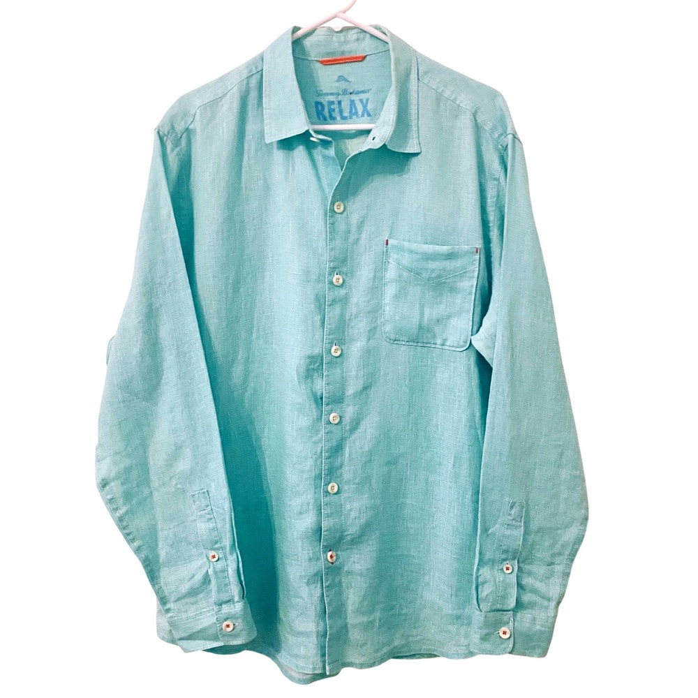Tommy Bahama Relax Mens Large 100% Linen Shirt Aqua Blue Button Up, Beach Summer - Picture 3 of 12